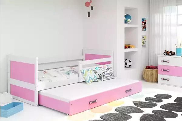 Visualisering av Utdragbar ungdomssäng RICO 90X200 med låda, vit/rosa Visualisering av Utdragbar ungdomssäng RICO 90X200 med låda, vit/rosa