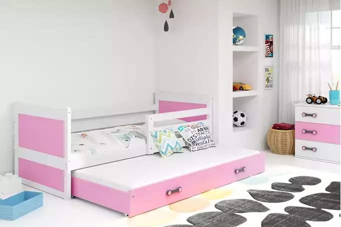 Visualisering av Utdragbar ungdomssäng RICO 90X200 med låda, vit/rosa