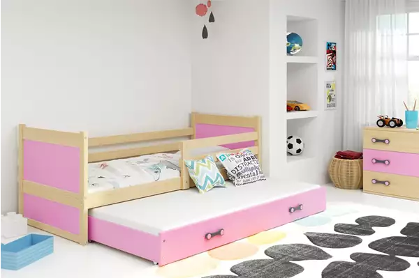 Visualisering av Utdragbar ungdomssäng RICO 90X200 med madrass och låda, furu/rosa Visualisering av Utdragbar ungdomssäng RICO 90X200 med madrass och låda, furu/rosa