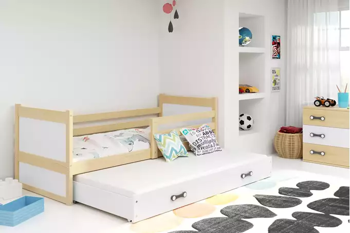 Visualisering av Utdragbar ungdomssäng RICO 90x200 med madrass och låda, furu/vit