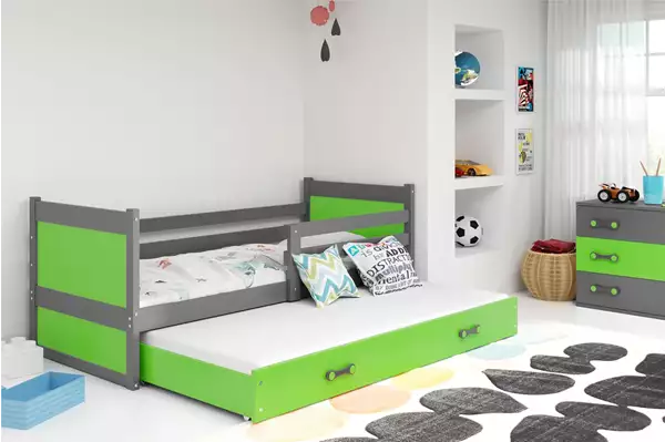 Visualisering av Utdragbar ungdomssäng RICO 90x200 med madrass och låda, grafit/grön