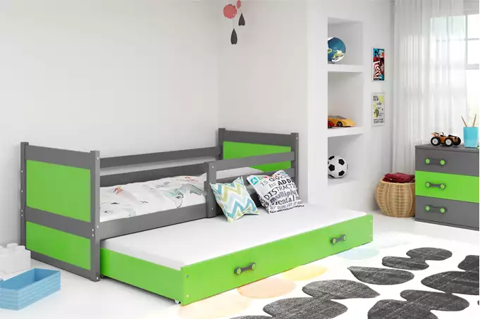 Visualisering av Utdragbar ungdomssäng RICO 90x200 med madrass och låda, grafit/grön