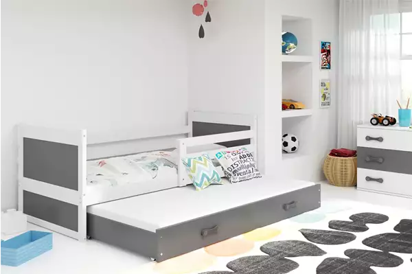 Visualisering av Utdragbar ungdomssäng RICO 90X200 med madrass och låda, vit/grafit
