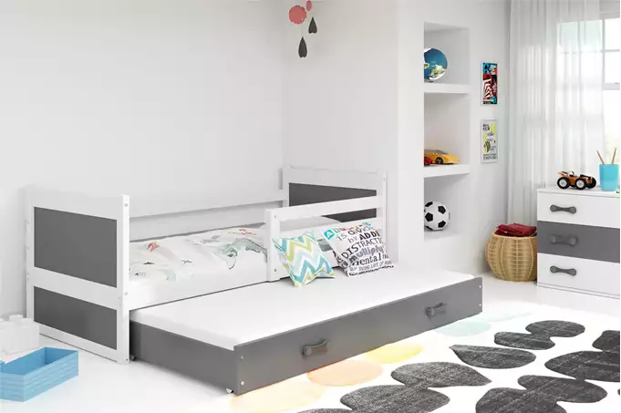 Visualisering av Utdragbar ungdomssäng RICO 90X200 med madrass och låda, vit/grafit