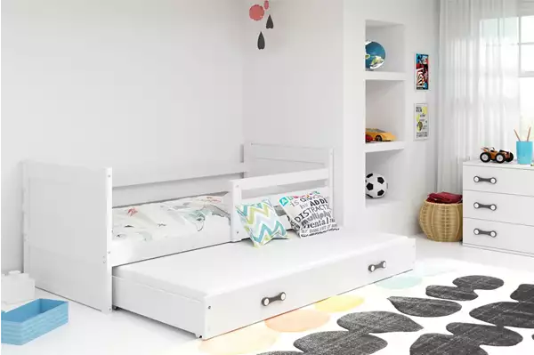 Visualisering av Utdragbar ungdomssäng RICO 90x200 med madrass och låda, vit