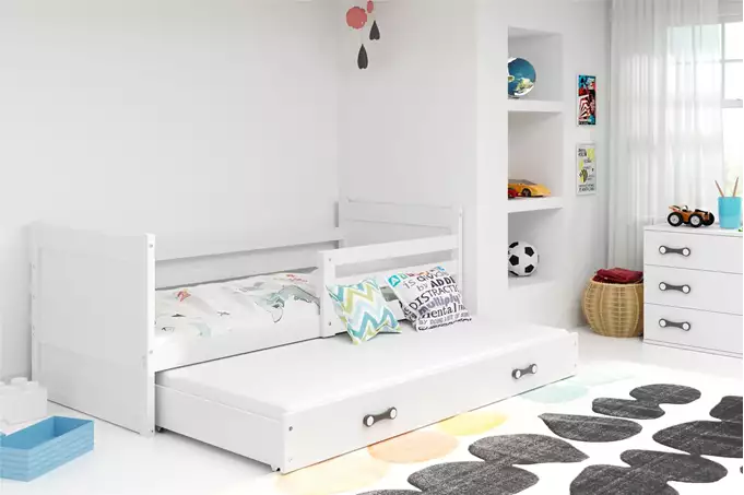 Visualisering av Utdragbar ungdomssäng RICO 90x200 med madrass och låda, vit