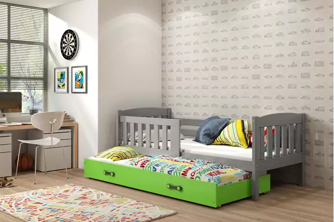 Visualisering av Utdragbart barnsäng KUBUŚ 80X160 med madrass och låda, grafit/grön