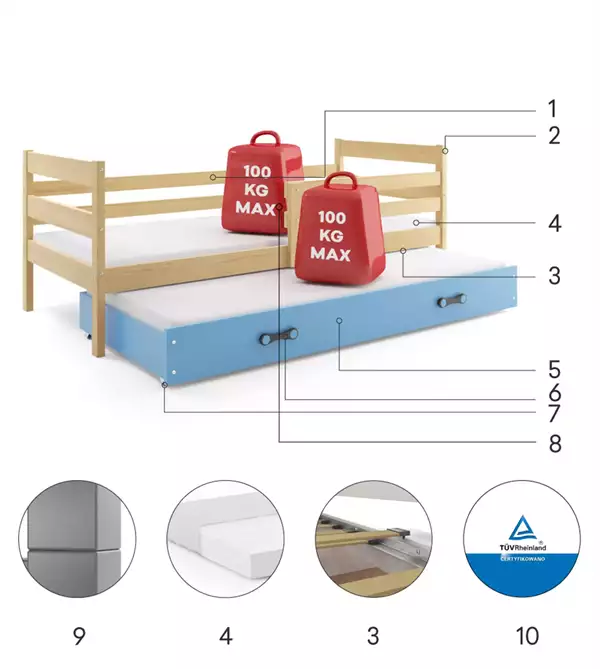 Beståndsdelar för Utdragbart ungdomssäng ERYK 90X190 med madrass och låda, furu/blå Beståndsdelar för Utdragbart ungdomssäng ERYK 90X190 med madrass och låda, furu/blå