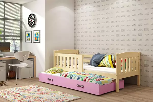 Visualisering av Utdragbart ungdomssäng KUBUŚ 90X200 med madrass och låda, furu/rosa Visualisering av Utdragbart ungdomssäng KUBUŚ 90X200 med madrass och låda, furu/rosa