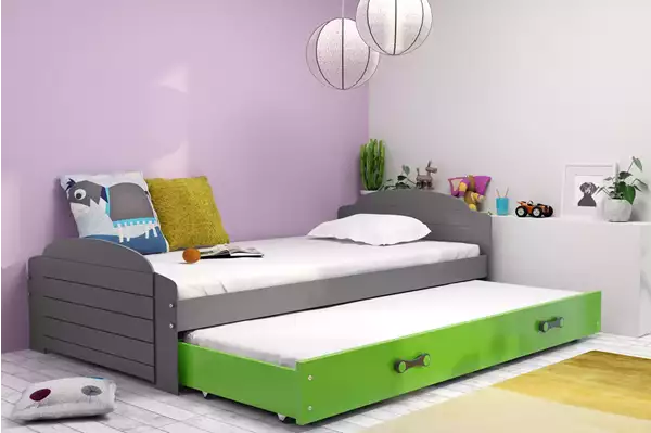 Visualisering av Utdragsbar barnsäng LILI 90X200 med låda, grafit/grön