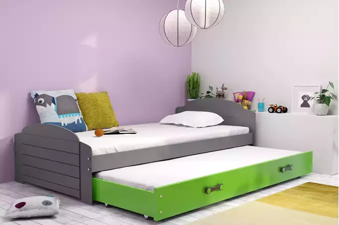 Visualisering av Utdragsbar barnsäng LILI 90X200 med låda, grafit/grön