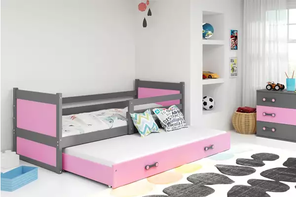 Visualisering av Utgångsbädd för ungdomar RICO 90X200 med madrass och låda, grafit/rosa