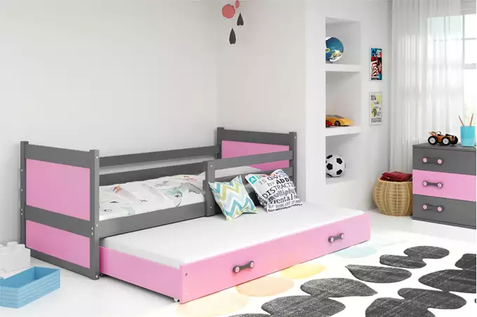 Visualisering av Utgångsbädd för ungdomar RICO 90X200 med madrass och låda, grafit/rosa