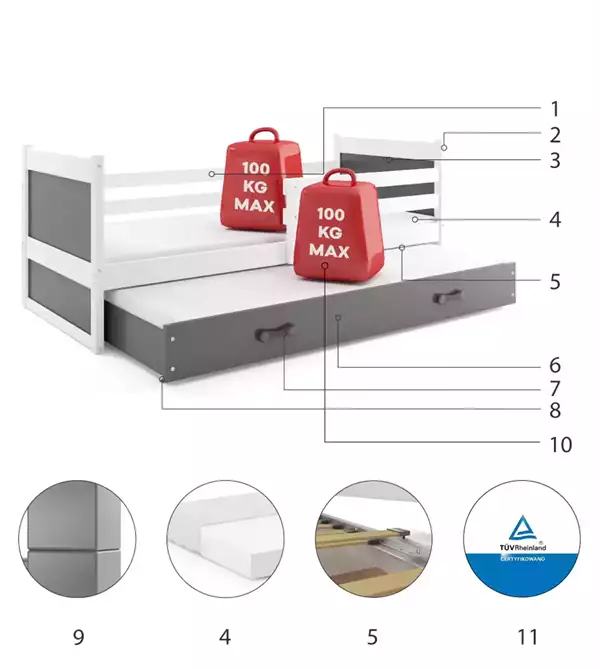 Beståndsdelar för Uttagbar ungdomssäng RICO 90x200 med låda, vit/grafit