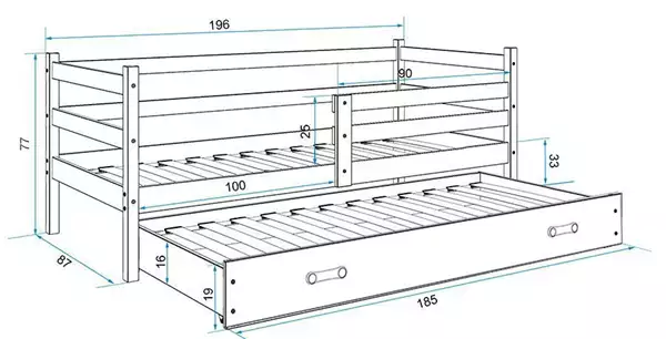 Storlek på Uttrdragbar juniorsäng ERYK 80X190 med låda, vit/blå