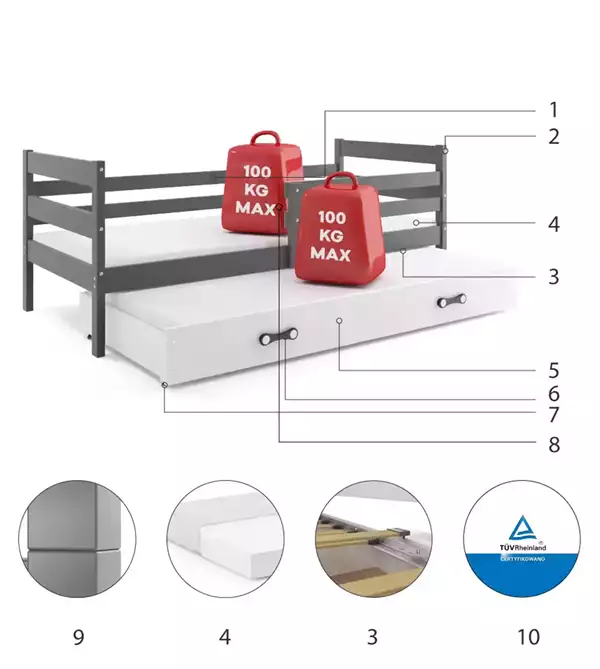 Beståndsdelar för Uttrdragbar ungdomssäng ERYK 90X200 med låda, grafit/vit Beståndsdelar för Uttrdragbar ungdomssäng ERYK 90X200 med låda, grafit/vit