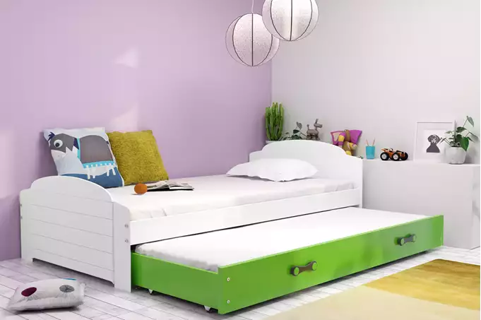 Visualisering av Utträckbar juniorsäng LILI 90X200 med madrass och låda, vit/grön