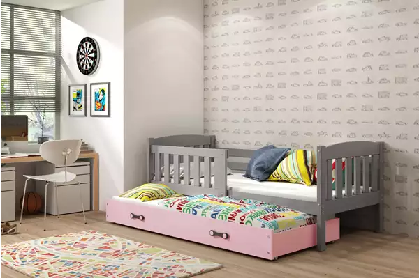 Visualisering av Utvidgbar ungdomssäng KUBUŚ 90X190 med madrass och låda, grafit/rosa