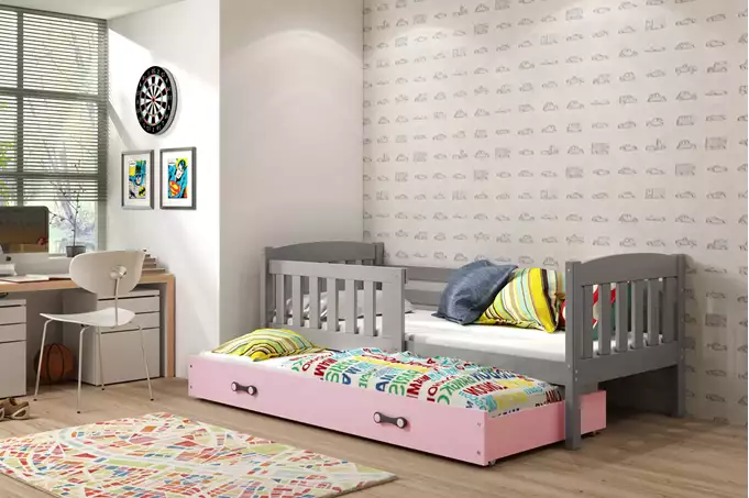 Visualisering av Utvidgbar ungdomssäng KUBUŚ 90X190 med madrass och låda, grafit/rosa