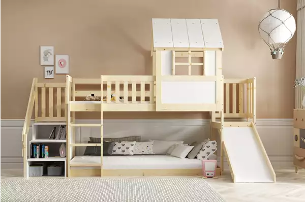 Våningssäng I Husstil Med Rutschkana, Tak Och Trappa – Loft Av Naturligt Trä 90x200 Czesci Skladowe