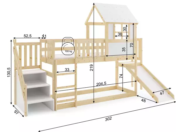Våningssäng I Husstil Med Rutschkana, Tak Och Trappa – Loft Av Naturligt Trä 90x200 Rozmiar