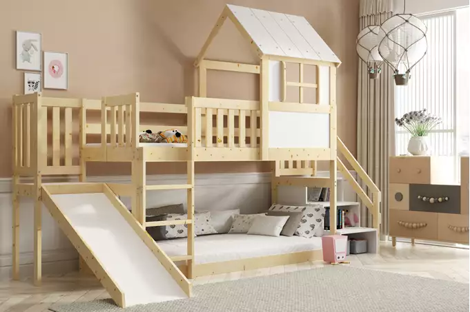 Våningssäng I Husstil Med Rutschkana, Tak Och Trappa – Loft Av Naturligt Trä 90x200 Wizualizacja