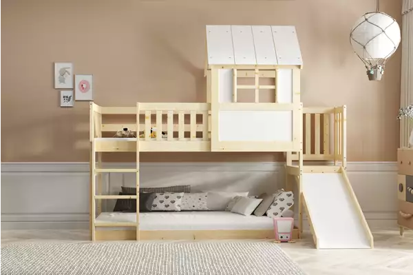 Våningssäng Med Rutschkana – Loft, Lekstuga I Naturligt Trä 90x200 Czesci Skladowe