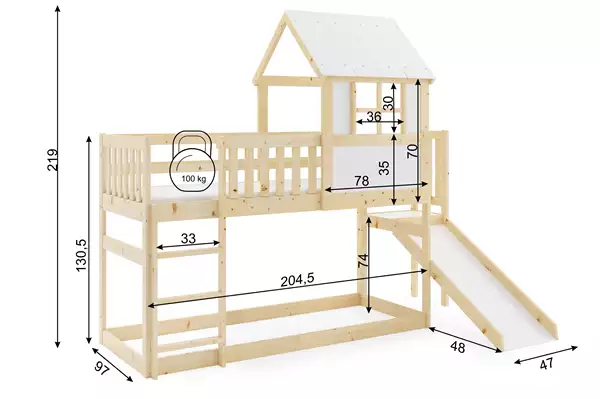 Våningssäng Med Rutschkana – Loft, Lekstuga I Naturligt Trä 90x200 Rozmiar