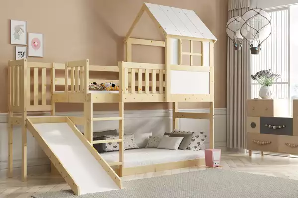Våningssäng Med Rutschkana – Loft, Lekstuga I Naturligt Trä 90x200 Wizualizacja