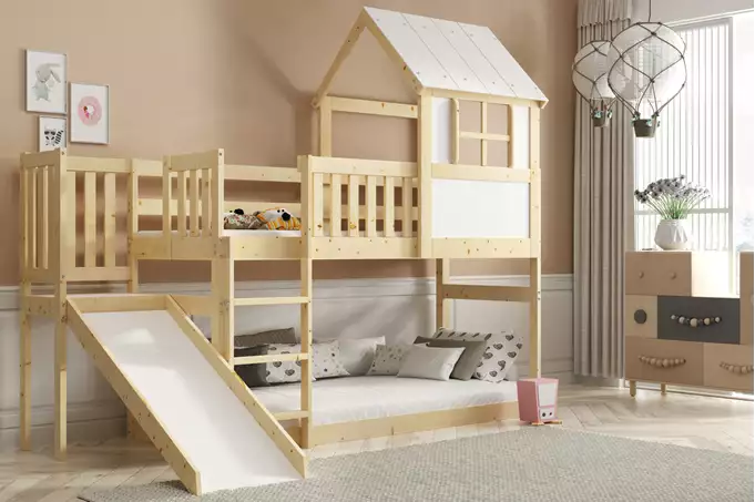 Våningssäng Med Rutschkana – Loft, Lekstuga I Naturligt Trä 90x200 Wizualizacja