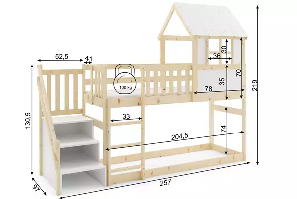 Våningssänghus Med Trappa Och Tak – Loft Av Naturligt Trä 90x200 Rozmiar