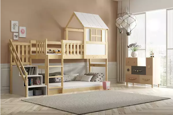 Våningssänghus Med Trappa Och Tak – Loft Av Naturligt Trä 90x200 Wizualizacja