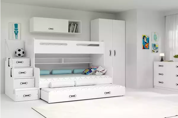 Visualisering av Vit MAX 3 Trippelsäng för ungdomar 120x200 med låda Visualisering av Vit MAX 3 Trippelsäng för ungdomar 120x200 med låda