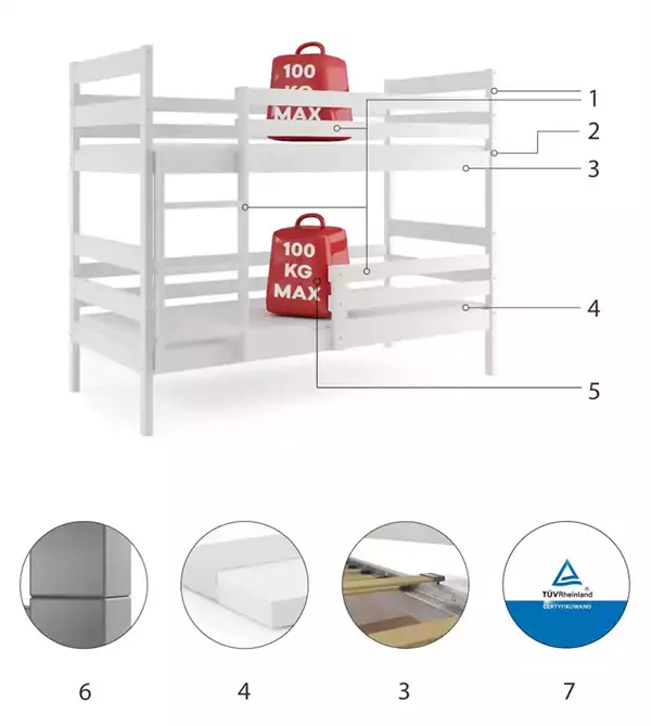 Beståndsdelar för Våningssäng för ungdom ERYK 90X200, vit Beståndsdelar för Våningssäng för ungdom ERYK 90X200, vit