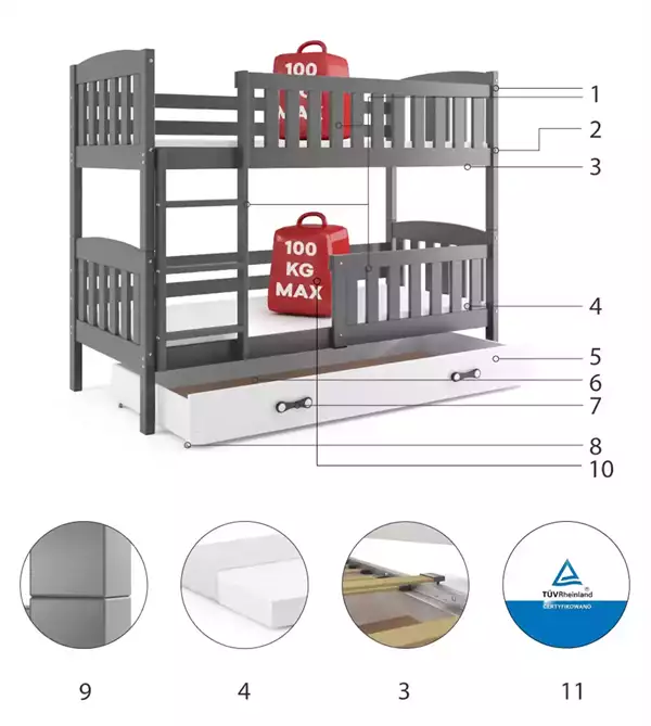 Beståndsdelar för Våningssäng för ungdom KUBUŚ 90X200 med låda, grafit/vit