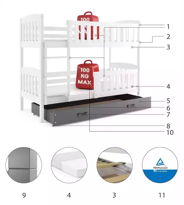 Beståndsdelar för Våningssäng för ungdom KUBUŚ 90X200 med låda, vit/grafit Beståndsdelar för Våningssäng för ungdom KUBUŚ 90X200 med låda, vit/grafit