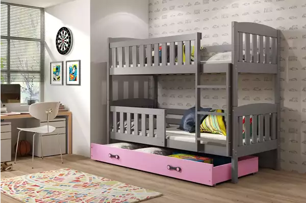 Visualisering av Våningssäng för ungdom KUBUŚ 90X200 med madrass och låda, grafit/rosa
