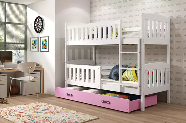 Visualisering av Våningssäng för ungdom KUBUŚ 90X200 med madrass och låda, vit/rosa