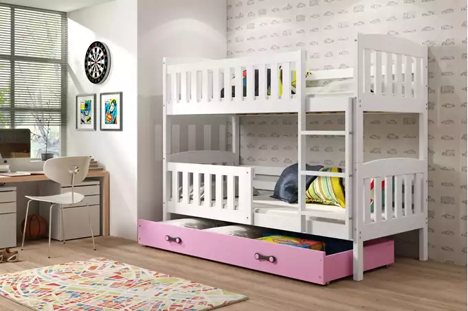 Visualisering av Våningssäng för ungdom KUBUŚ 90X200 med madrass och låda, vit/rosa
