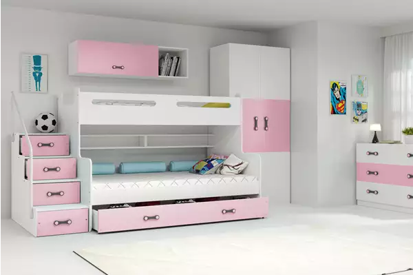 Visualisering av Våningssäng för ungdom MAX 3 120X200 med madrass och låda, rosa Visualisering av Våningssäng för ungdom MAX 3 120X200 med madrass och låda, rosa