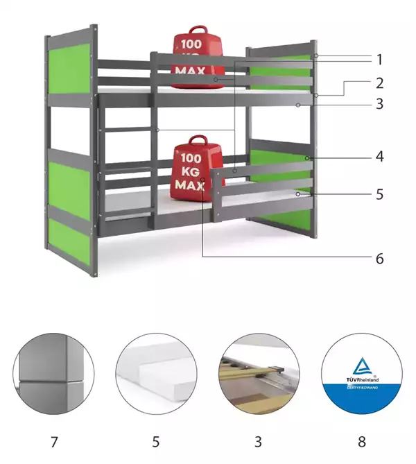 Beståndsdelar för Våningssäng för ungdom RICO 90X190, grafit/grön Beståndsdelar för Våningssäng för ungdom RICO 90X190, grafit/grön
