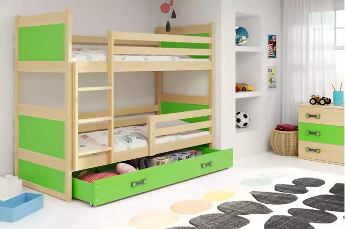 Visualisering av Våningssäng för ungdom RICO 90X190 med låda, furu/grön