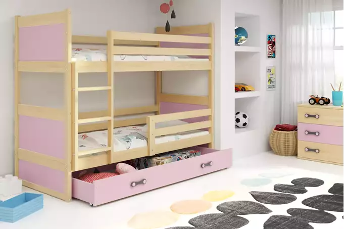 Visualisering av Våningssäng för ungdom RICO 90X190 med låda, furu/rosa