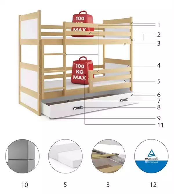 Beståndsdelar för Våningssäng för ungdom RICO 90X190 med låda, furu/vit