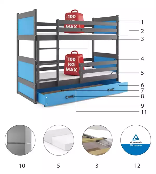 Beståndsdelar för Våningssäng för ungdom RICO 90X190 med låda, grafit/blå
