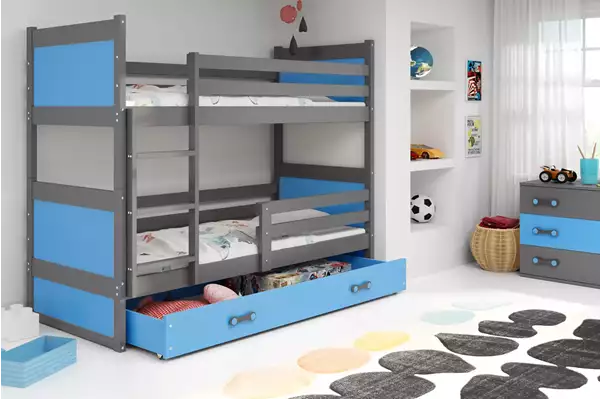 Visualisering av Våningssäng för ungdom RICO 90X190 med låda, grafit/blå
