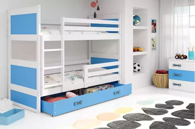 Visualisering av Våningssäng för ungdom RICO 90X190 med låda, vit/blå