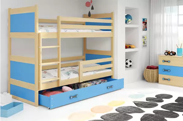 Visualisering av Våningssäng för ungdom RICO 90X190 med madrass och låda, furu/blå