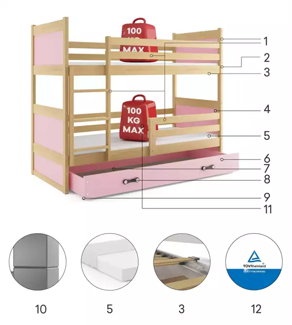 Beståndsdelar för Våningssäng för ungdom RICO 90X190 med madrass och låda, furu/rosa
