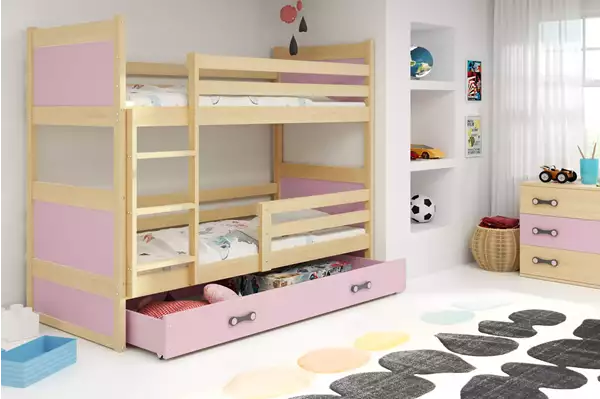 Visualisering av Våningssäng för ungdom RICO 90X190 med madrass och låda, furu/rosa